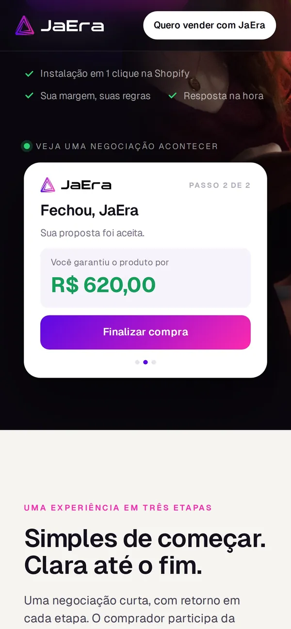 Home da JaEra no celular, com o cartão de negociação logo abaixo do texto